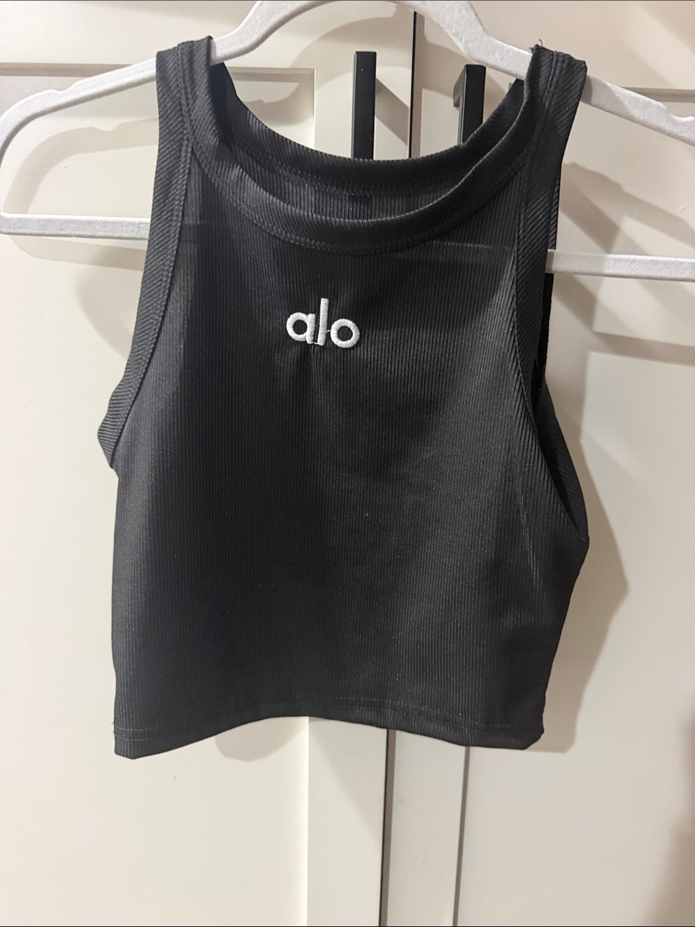 ALO Yoga Black Ribbed Crop Tank with White Logo